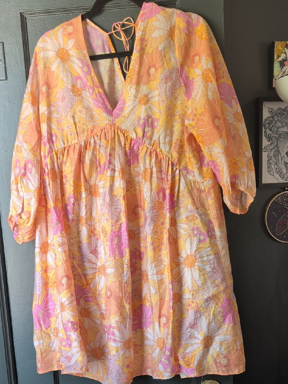 H&m Floral Tie-Back Peasant Dress in Peach & Pink NWT